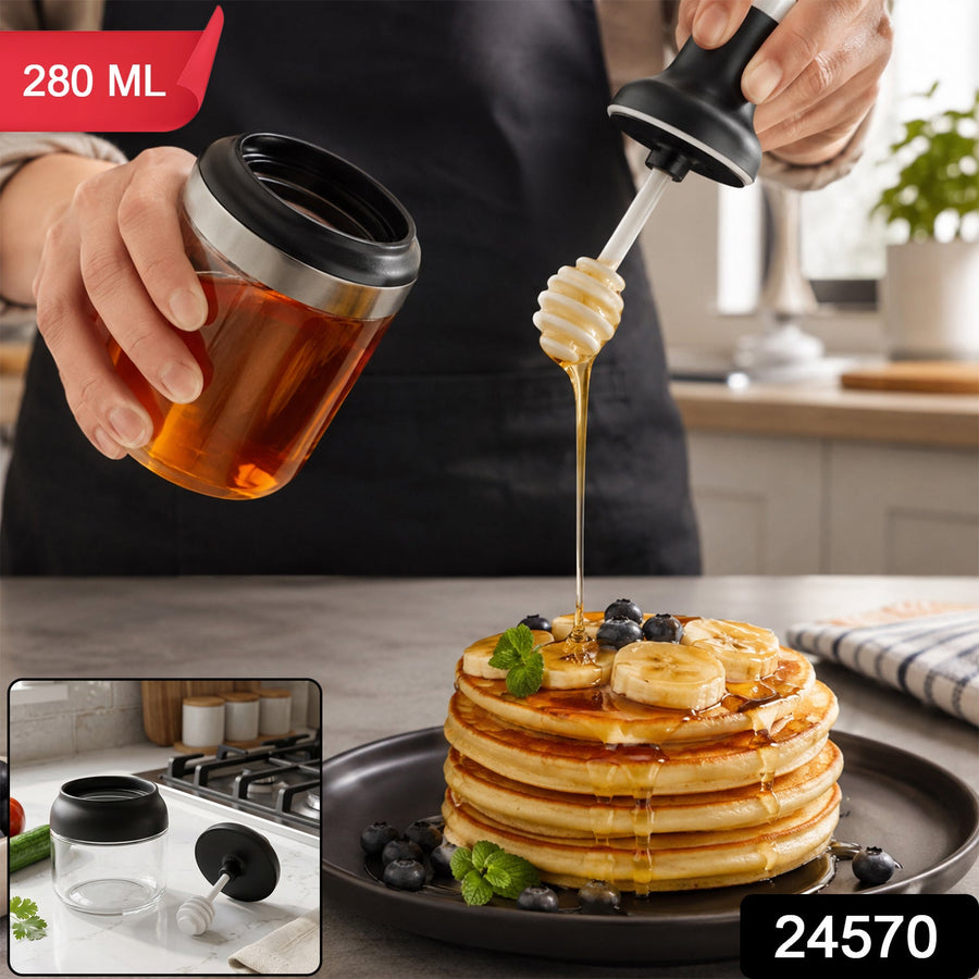 Glass Honey & Oil Dispenser - 280 ml Jar with Built-in Dipper