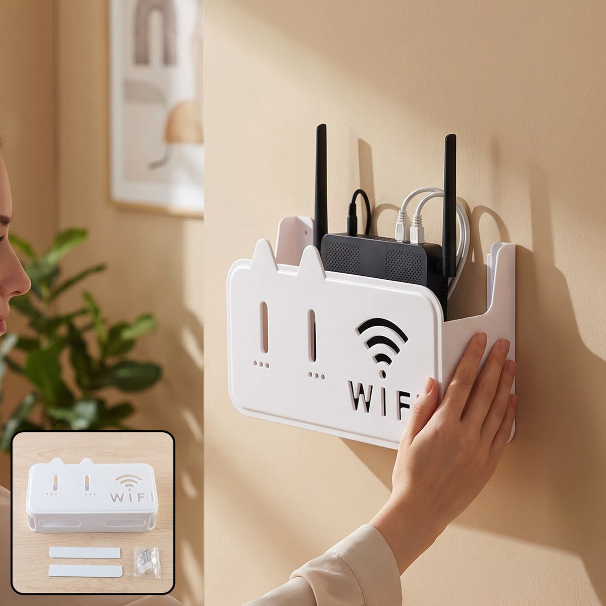 Plastic Wall Mount Wifi Router Stand With Cable Slots For Home Storage (1 Piece)