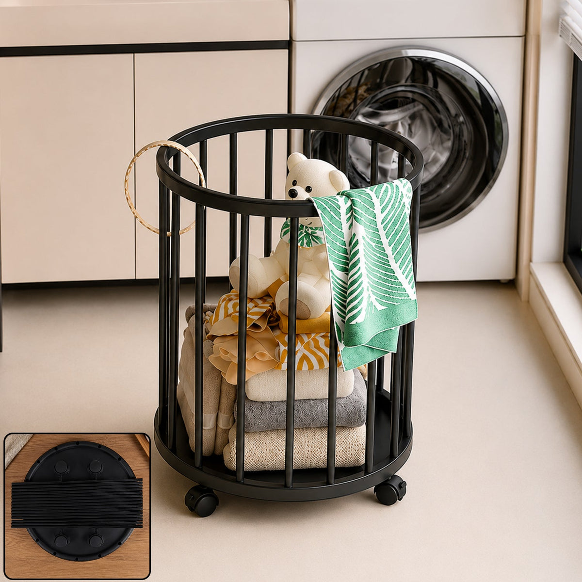 Metal Laundry Basket With Wheels Round Standing Dirty Clothes Hamper (1 Pc)