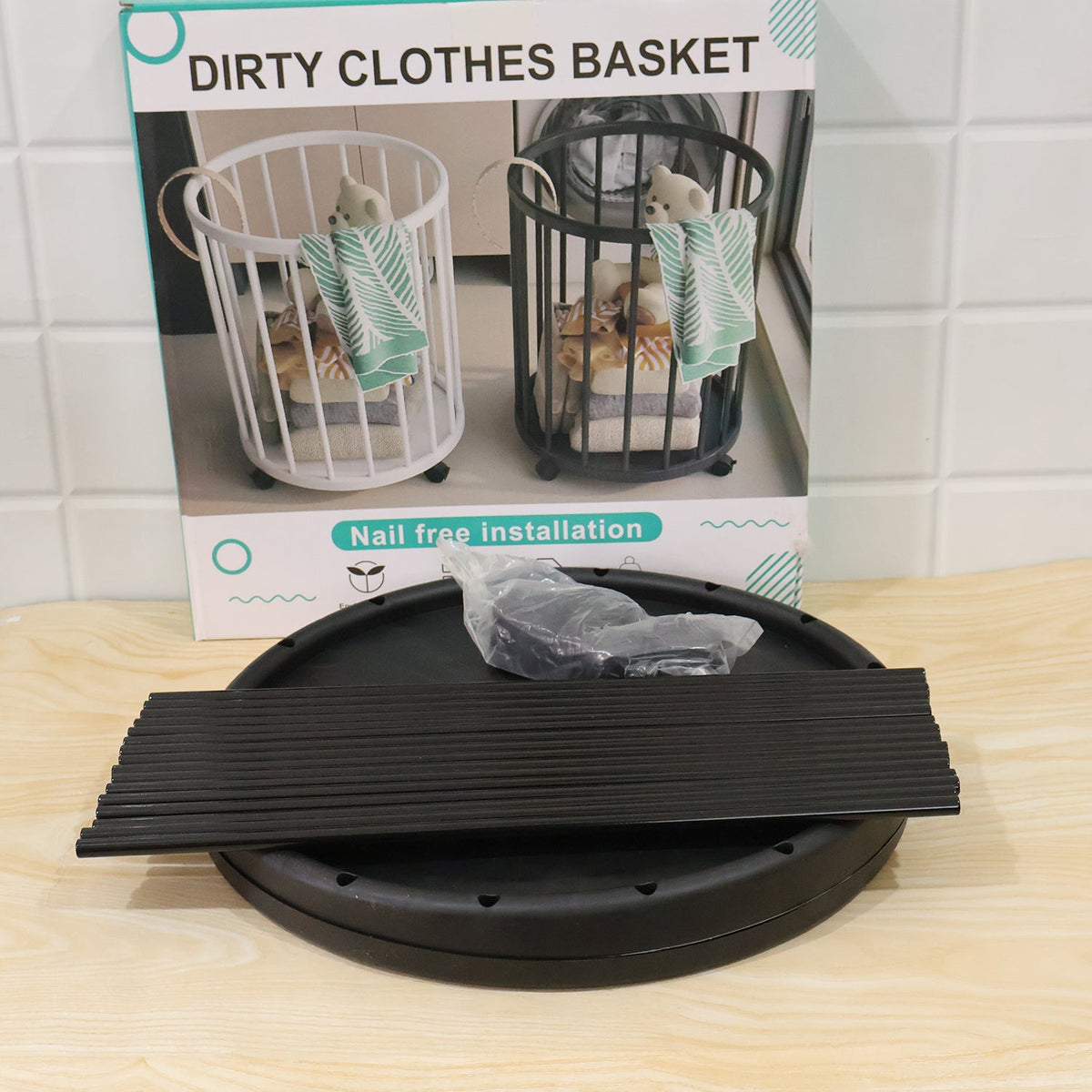 Metal Laundry Basket With Wheels Round Standing Dirty Clothes Hamper (1 Pc)