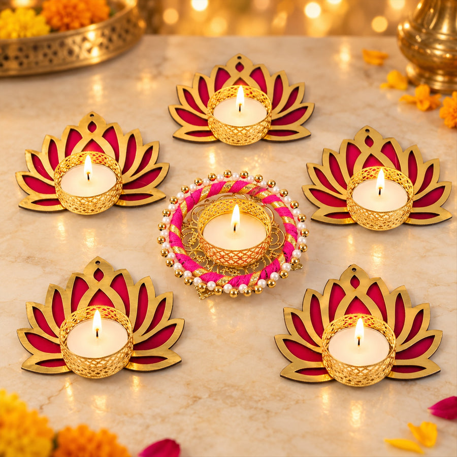 Lotus Rangoli Tealight Holders - Set of 6 Festive Diya Stands