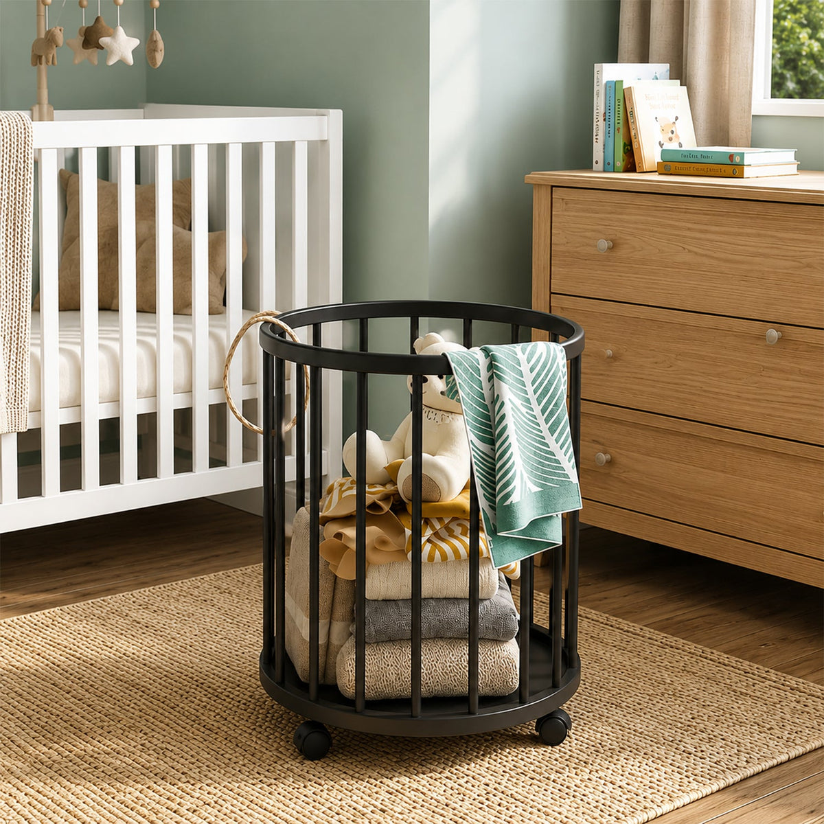 Metal Laundry Basket With Wheels Round Standing Dirty Clothes Hamper (1 Pc)