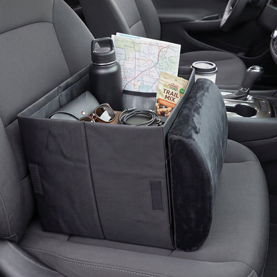 Car Seat Organizer Box - Storage with Fold-Out Armrest Cushion