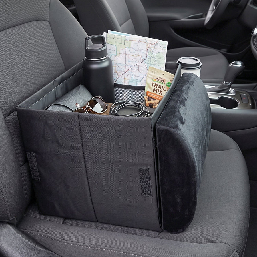 Car Seat Organizer Box - Storage with Fold-Out Armrest Cushion