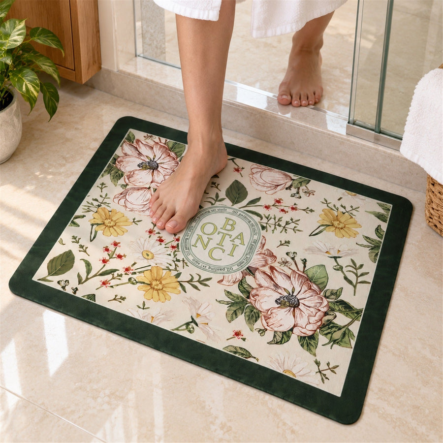 Floral Bath Mat - 50x40 cm Absorbent Anti-Slip Rug