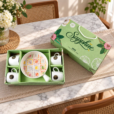 Ceramic Cup & Platter Set - 4 Cups with Serving Platter