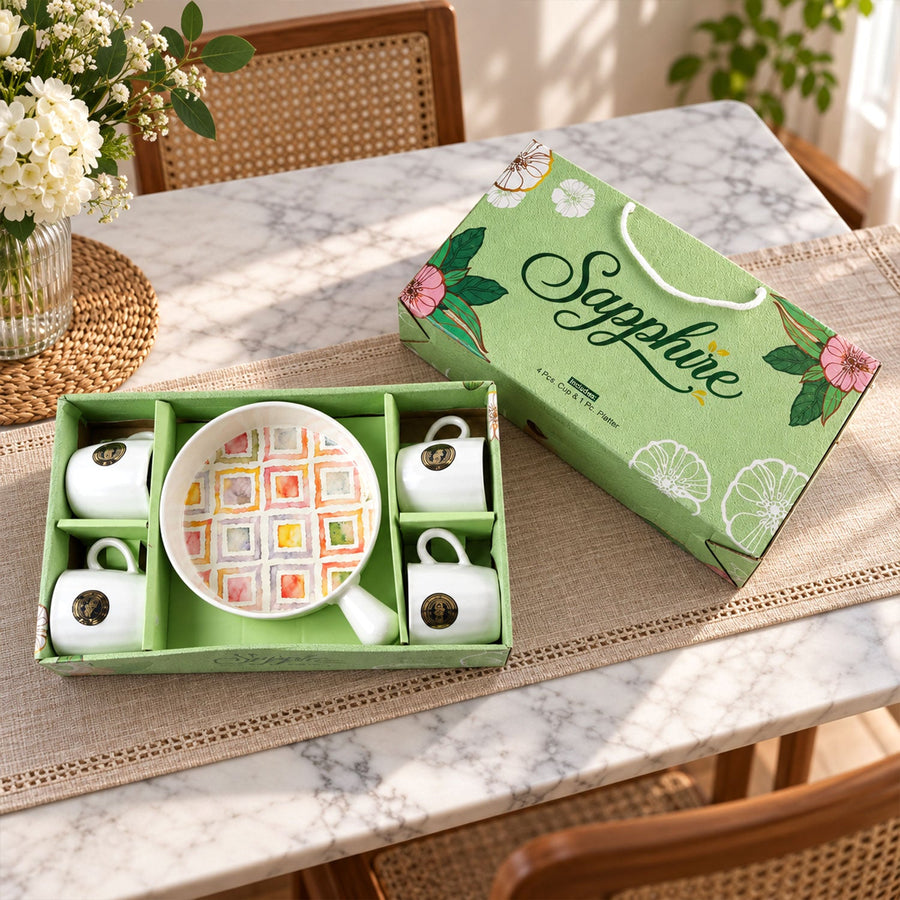 Ceramic Cup & Platter Set - 4 Cups with Serving Platter